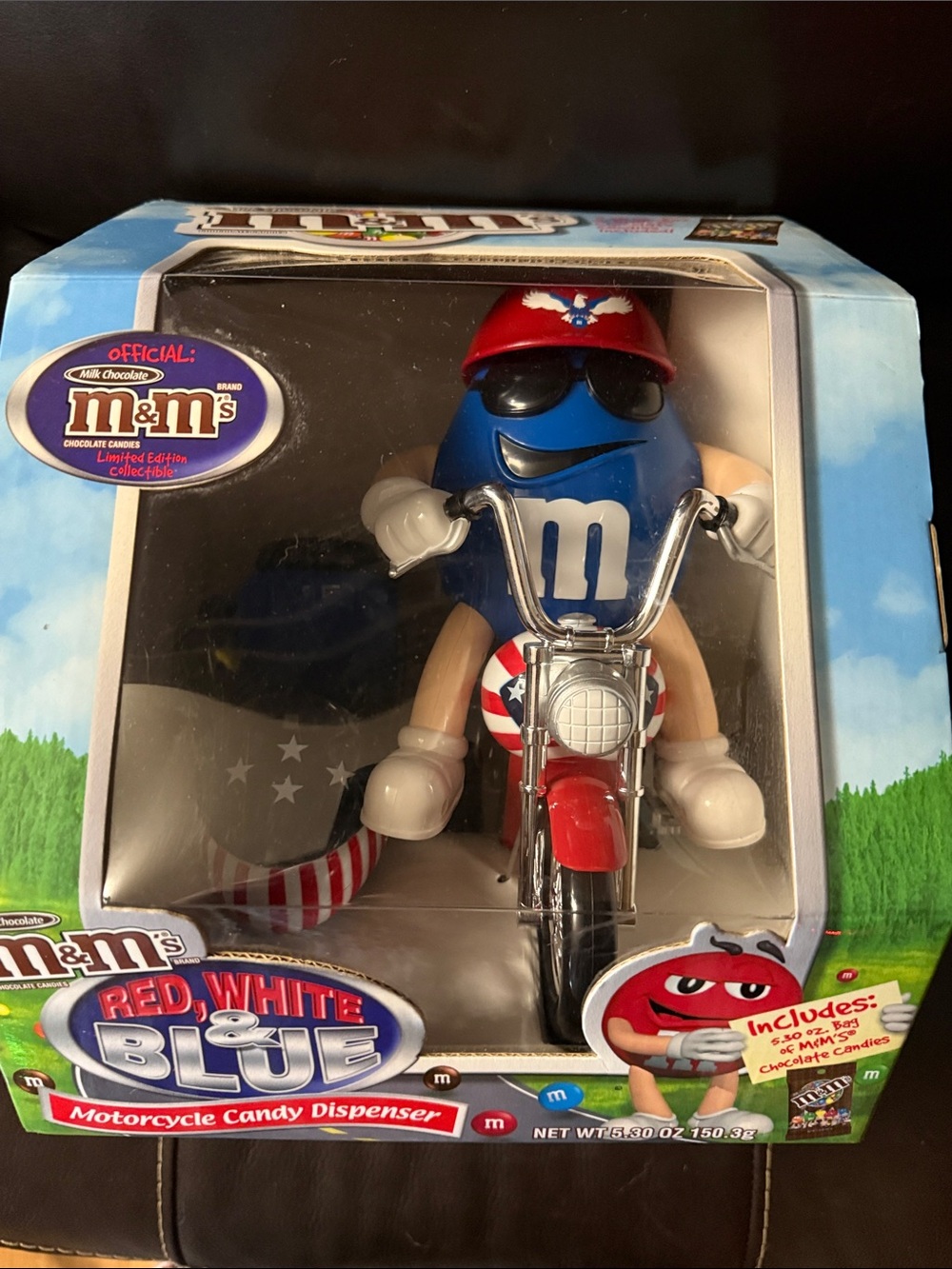 M&M'S Red, White & Blue Character Motorcycle with Sidecar Candy Dispenser.